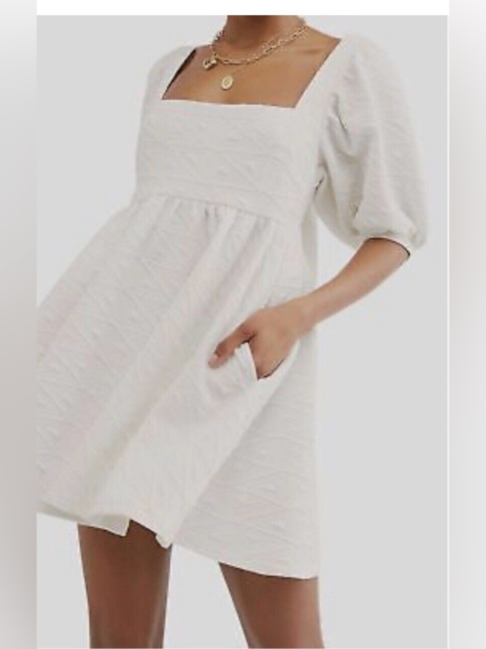 Free People Violet White Puff Sleeves Tie Back Dress Size Medium - Picture 4 of 10